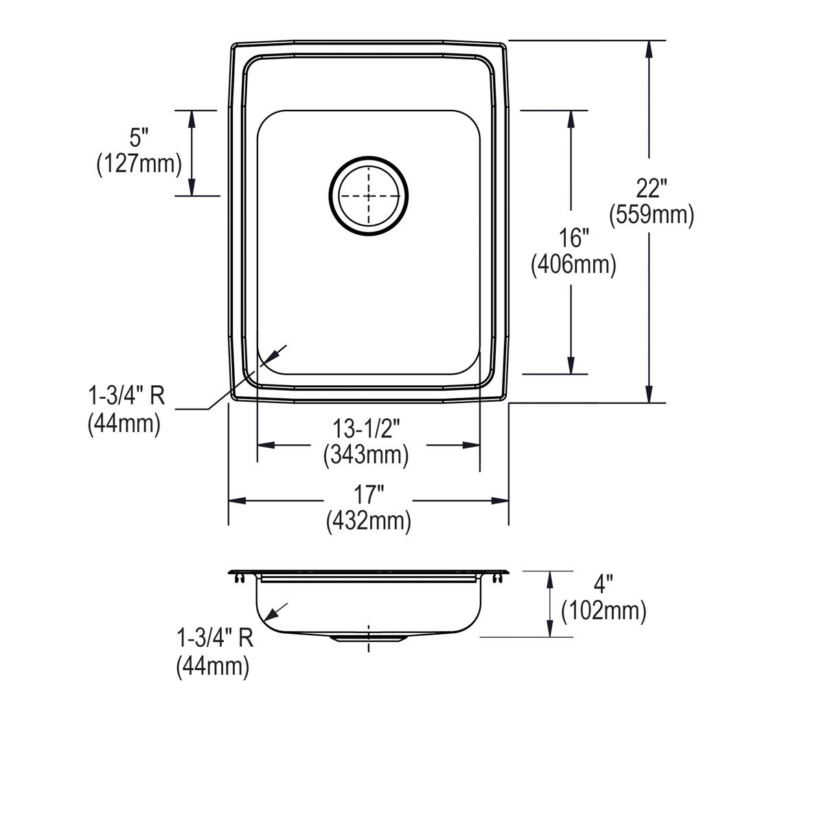 Top and side view technical drawings of a rectangular stainless steel drop-in sink with single bowl and one faucet hole, show