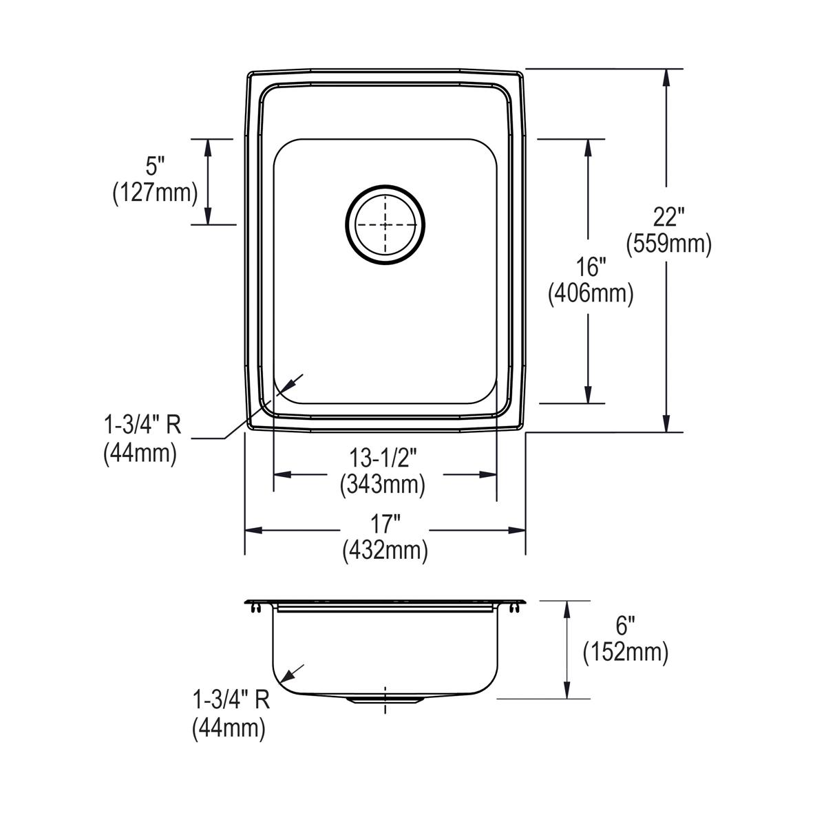 Stainless steel single bowl drop-in sink with dimensions and mounting hole specifications shown in top and side views.