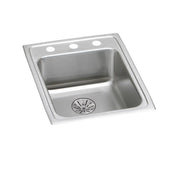 Stainless steel drop-in sink with single bowl, drain strainer, and two faucet holes on deck.