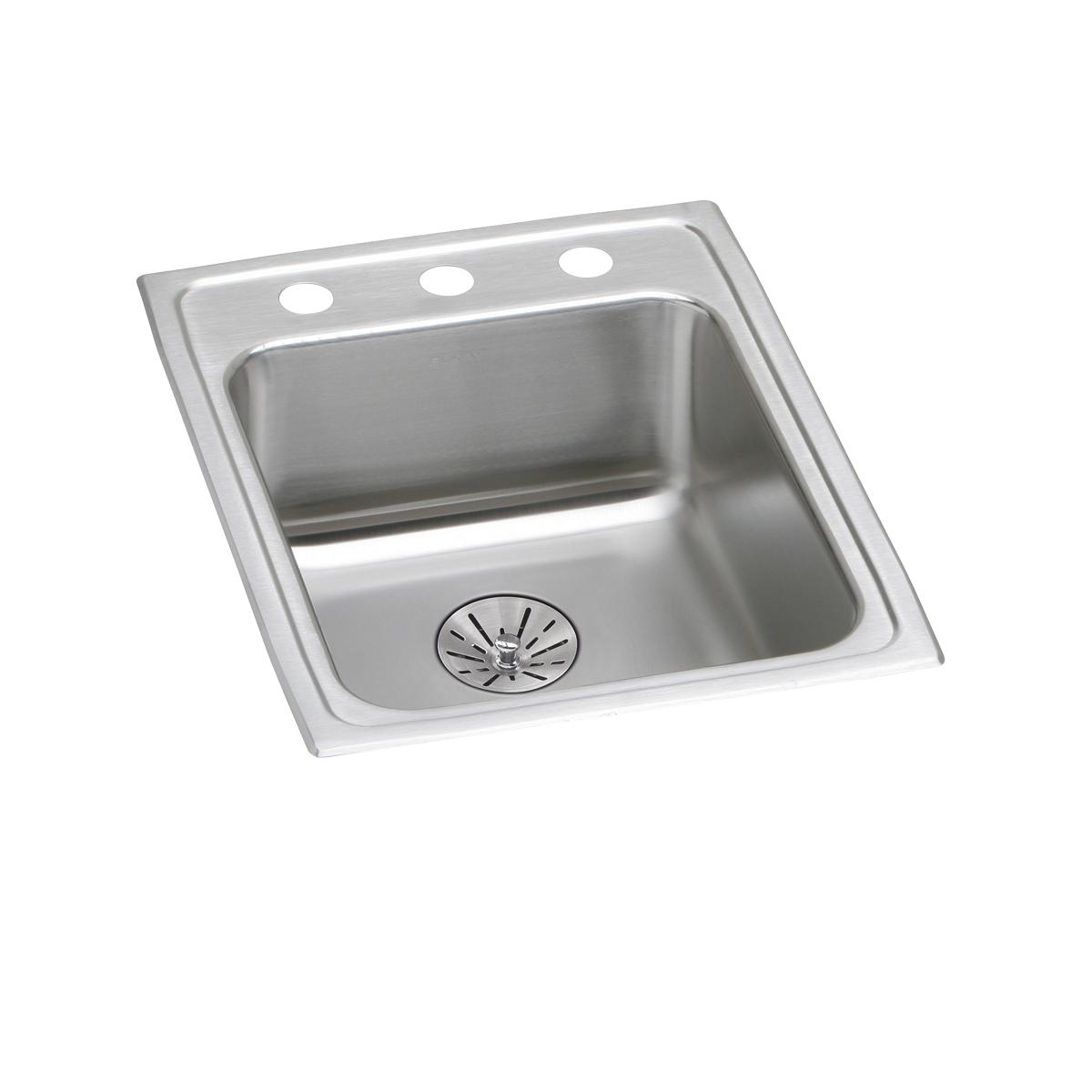Stainless steel drop-in sink with single bowl, drain strainer, and two faucet holes on deck.
