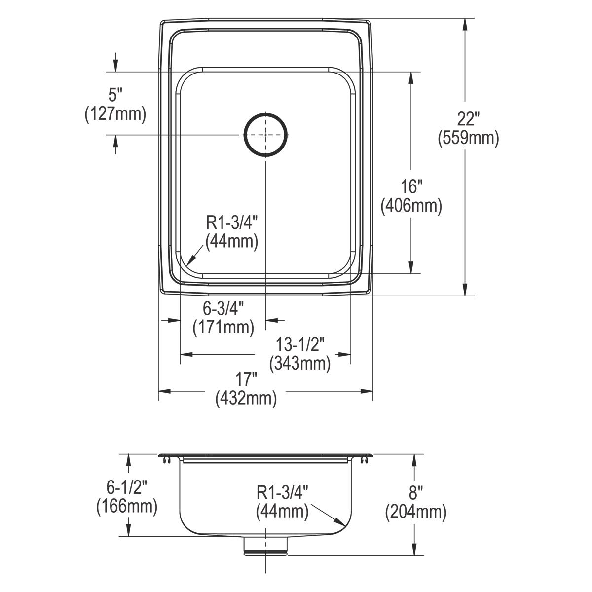 Top and side view technical drawing of a rectangular stainless steel drop-in sink with single bowl and rounded corners, showi