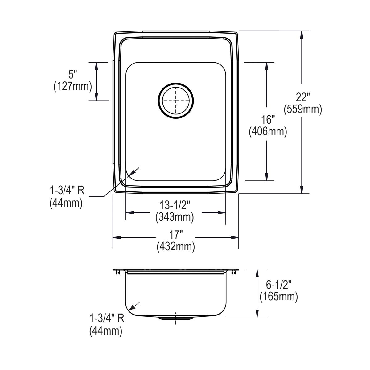 Stainless steel single bowl drop-in sink with one faucet hole, rounded corners, and dimension specifications labeled.