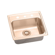 Copper-colored drop-in sink with single bowl, drain, and three faucet holes in rim.