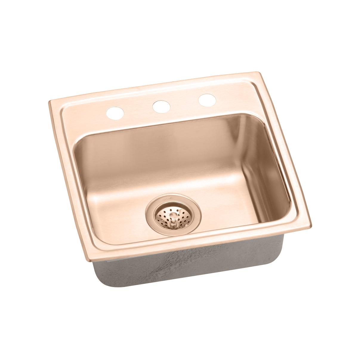Copper drop-in sink with single bowl, drain hole, and three faucet mounting holes on rim.