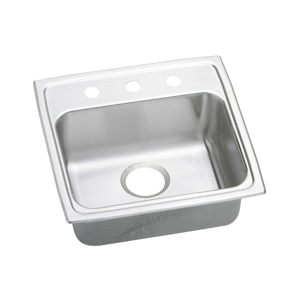 Stainless steel drop-in sink with single bowl, one faucet hole, and three additional holes on rim for mounting.