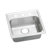 Stainless steel drop-in sink with single bowl, drain hole, and three faucet holes on rim.