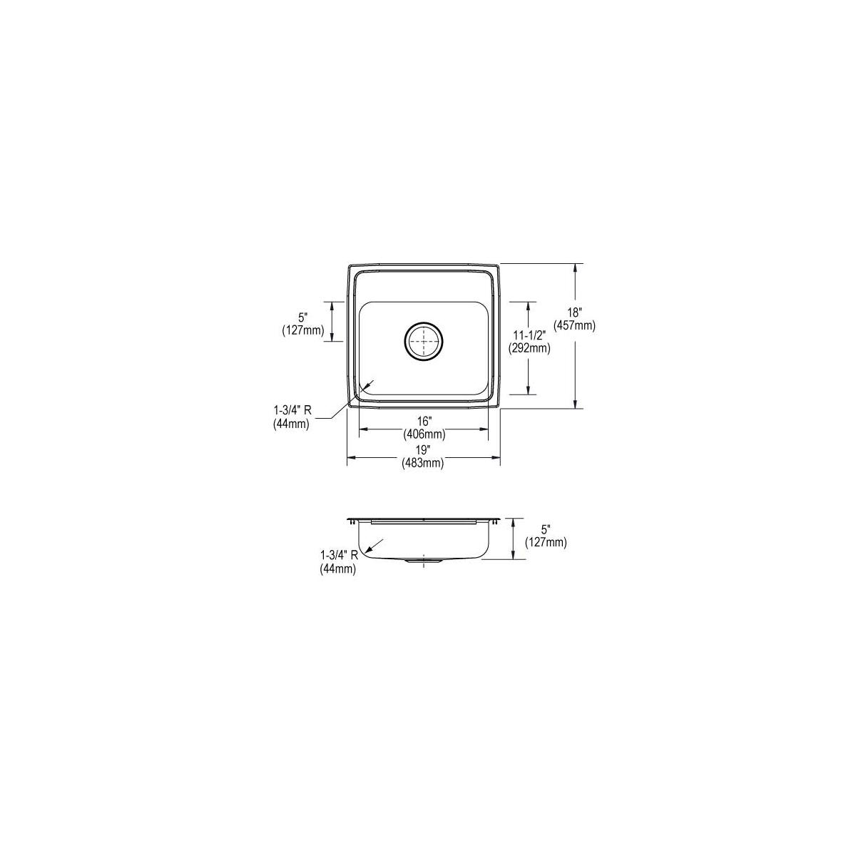 Stainless steel single bowl drop-in sink with two faucet holes, shown in top and side view technical drawings with dimensions