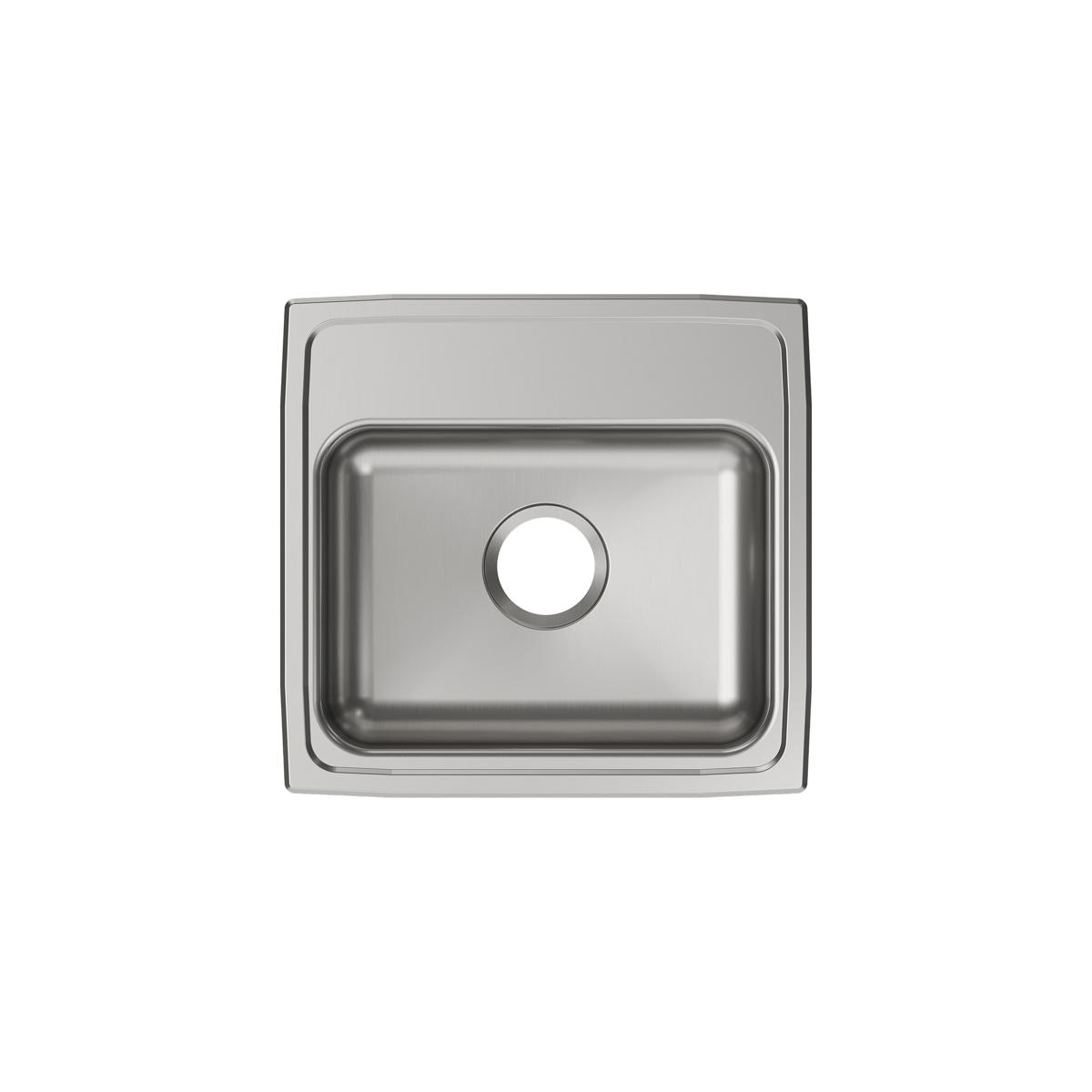 Stainless steel drop-in sink with single bowl and drain hole, viewed from above.