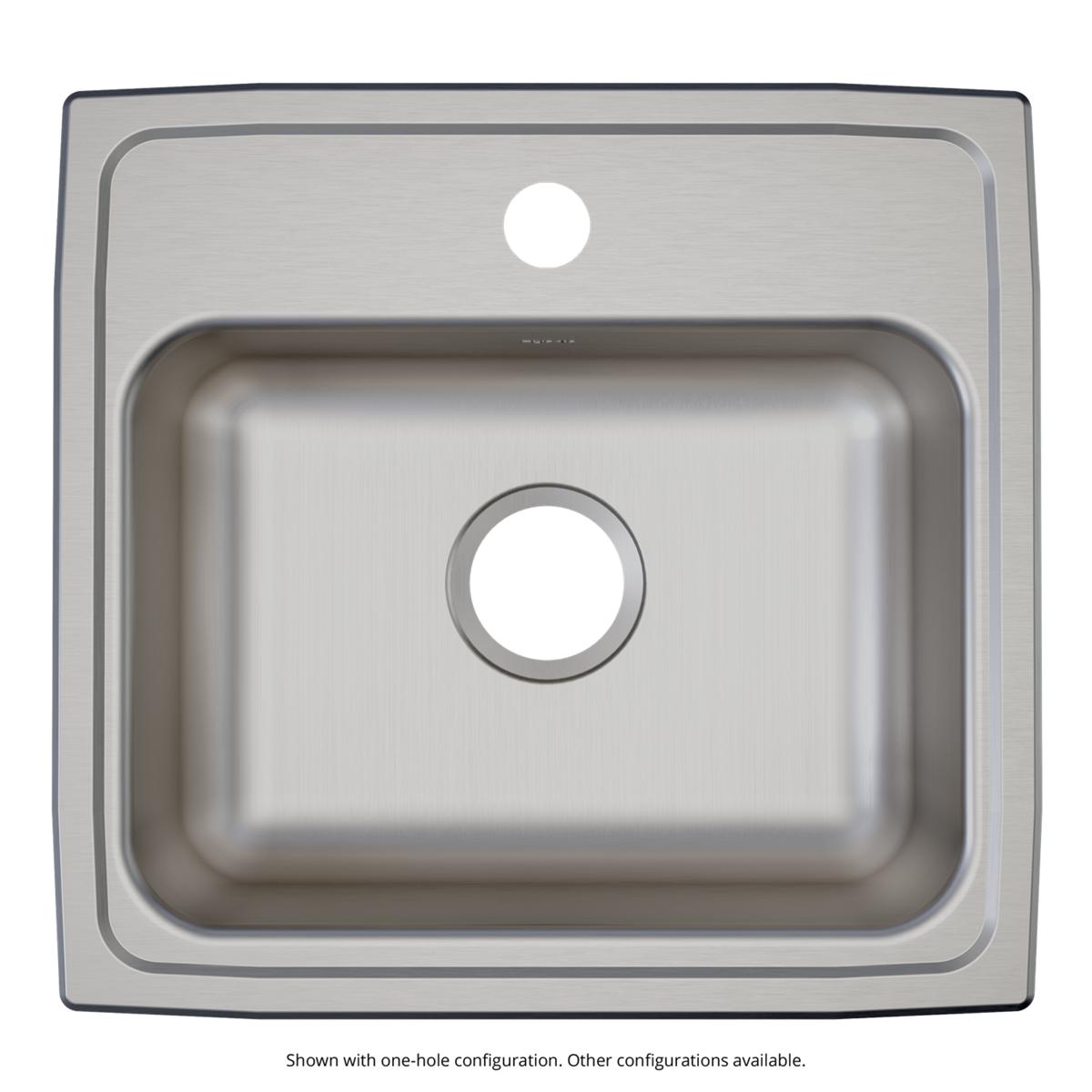 Stainless steel drop-in sink with single bowl and three mounting holes, shown from above.