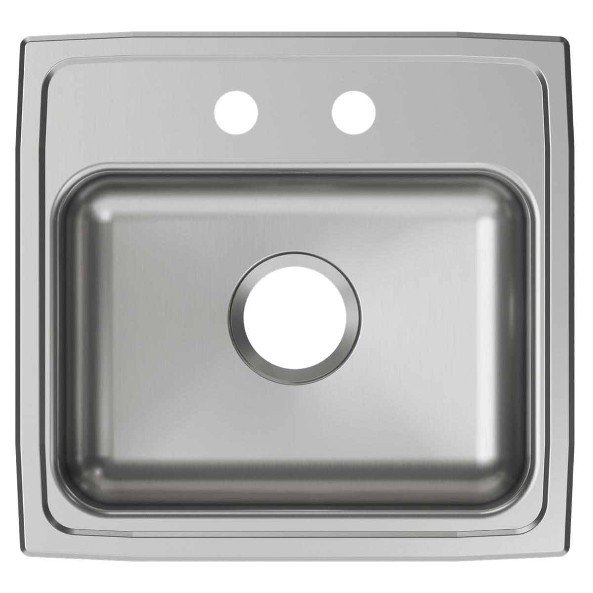 Brushed stainless steel drop-in sink with single bowl and two faucet holes on rim.