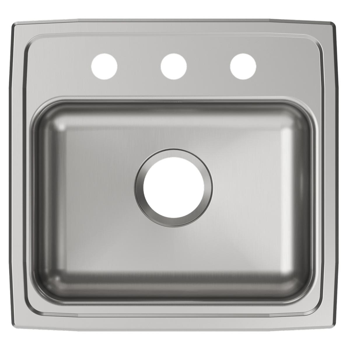 Stainless steel drop-in sink with single rectangular bowl and three mounting holes across the top rim.