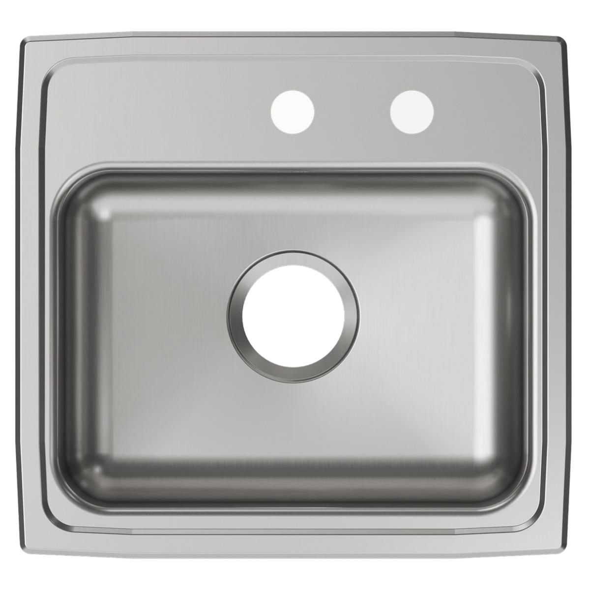 Stainless steel drop-in sink with single bowl, two faucet holes, and brushed finish surface.