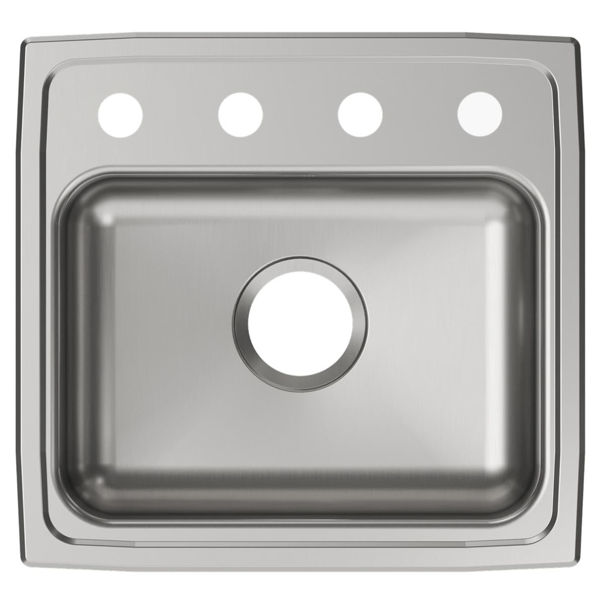 Stainless steel drop-in sink with single bowl and four mounting holes across the top rim.
