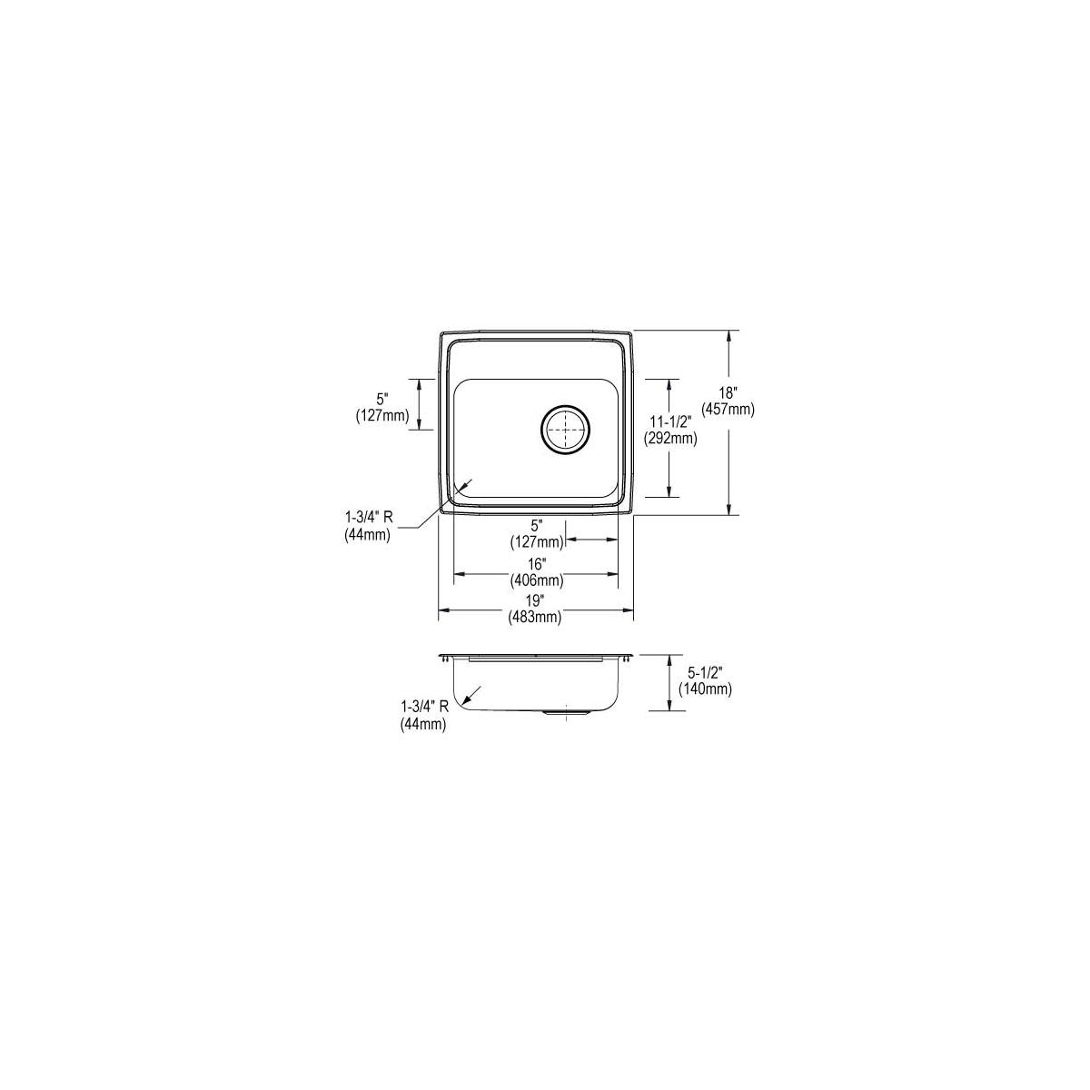 Stainless steel single bowl drop-in sink with two faucet holes and right drain, shown in top and side view technical drawings