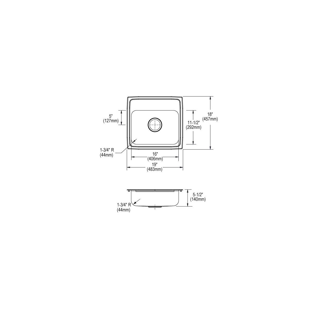Stainless steel single-bowl drop-in sink with one faucet hole, shown in top and side technical drawings with dimensions.