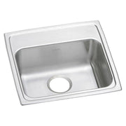 Stainless steel single bowl drop-in sink with white rim and drain opening, viewed from above at an angle.