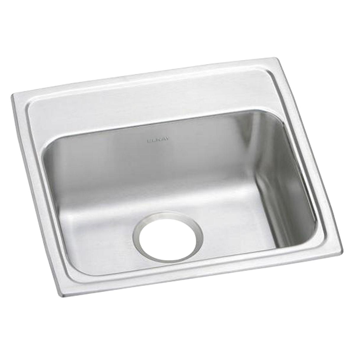 Stainless steel single bowl drop-in sink with white rim and drain opening, viewed from above at an angle.