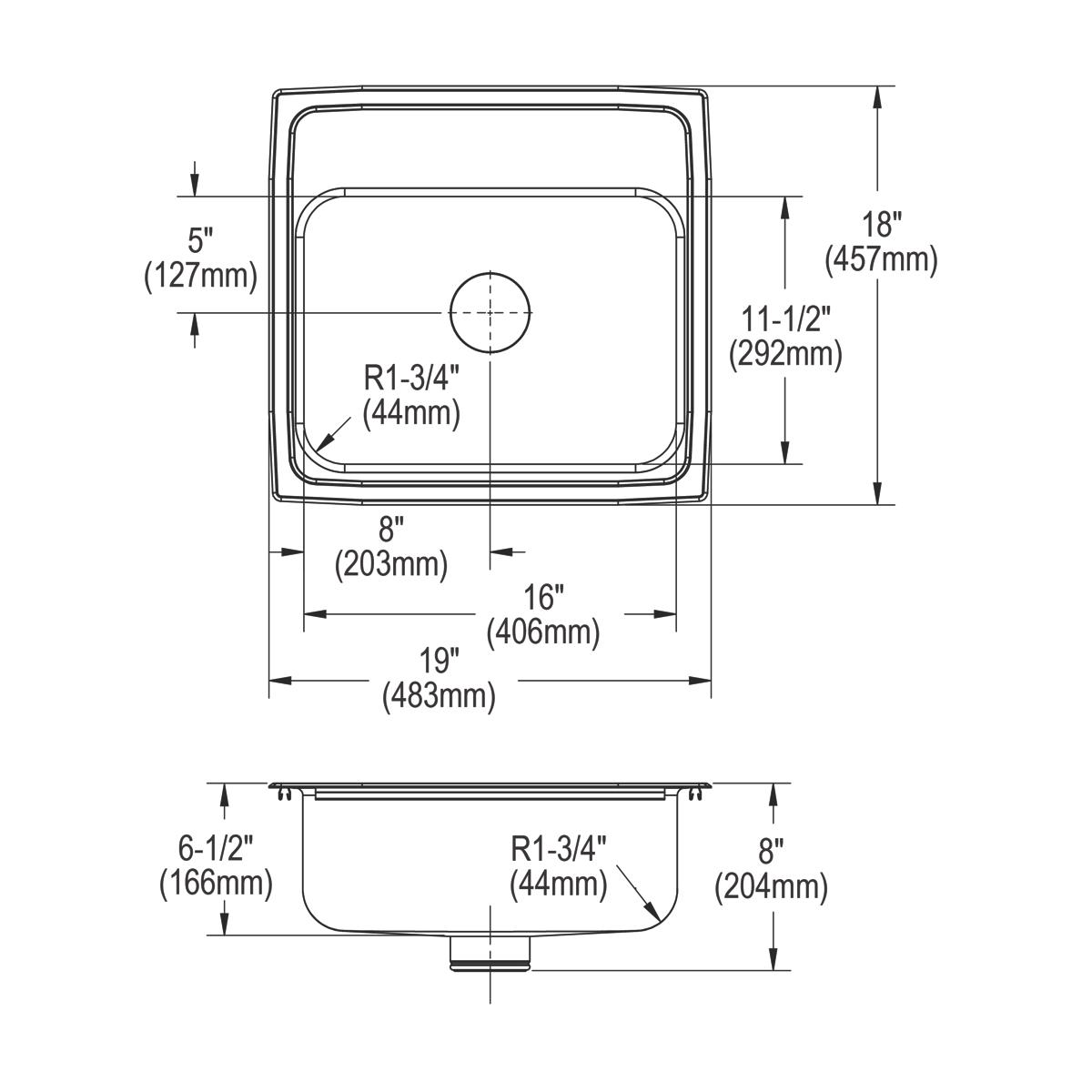 Top and side technical drawings of a stainless steel drop-in sink with single bowl and one hole, showing dimensions and drain