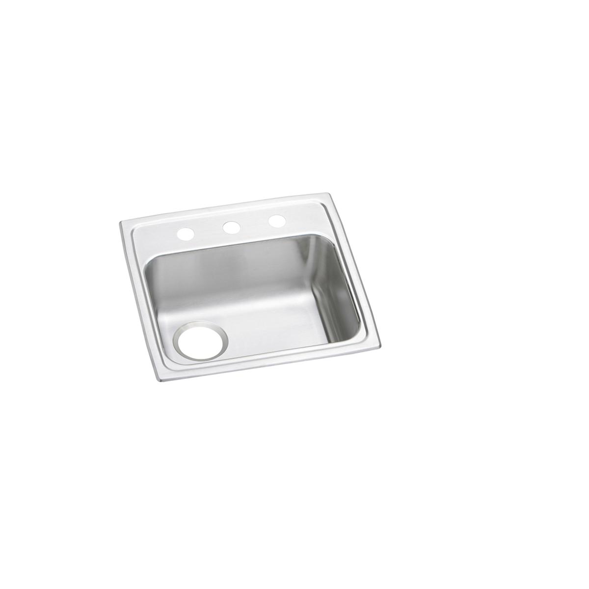 Stainless steel drop-in sink with single bowl, two faucet holes on rim, and left drain opening.