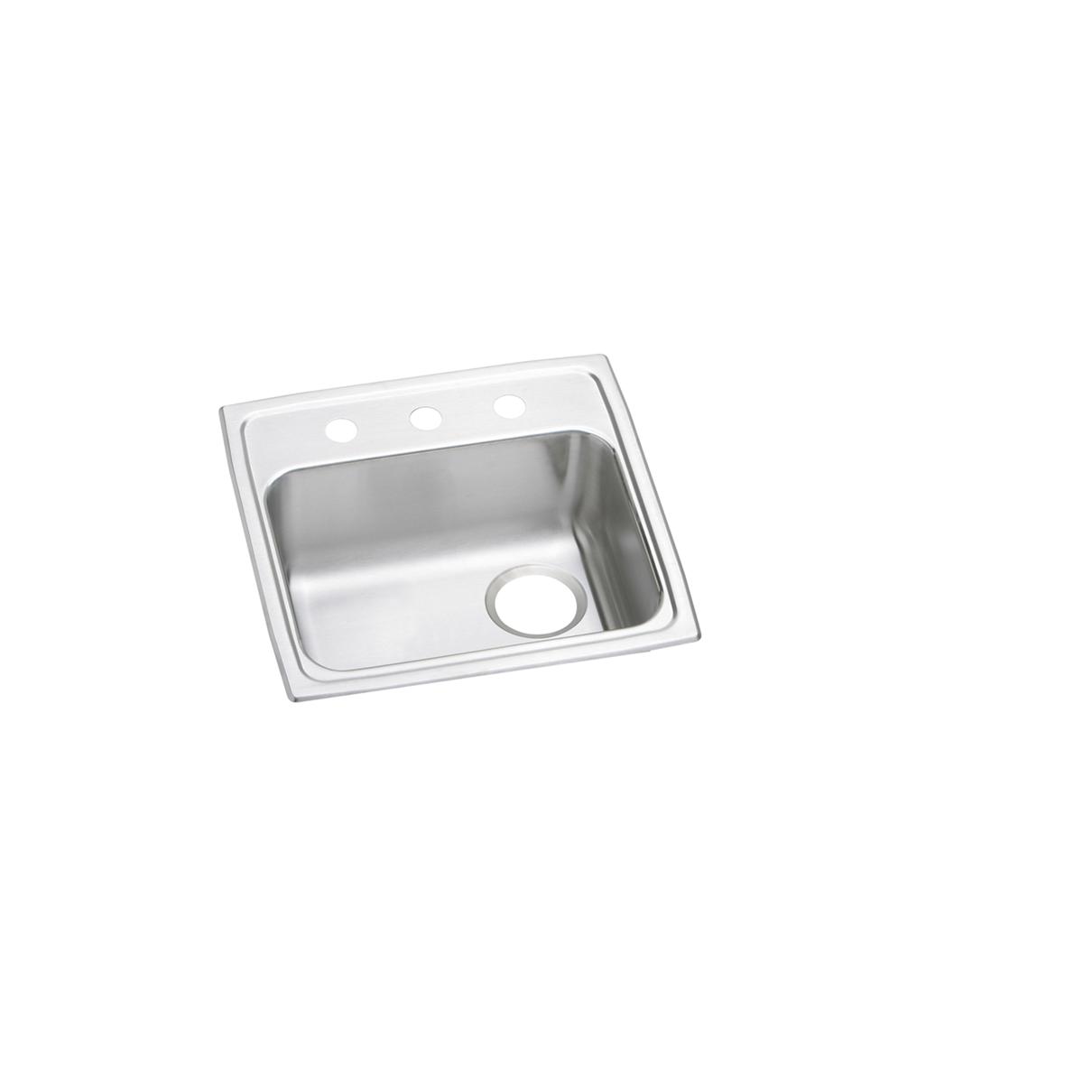 Stainless steel drop-in sink with single bowl, three faucet holes, and right-side drain opening.