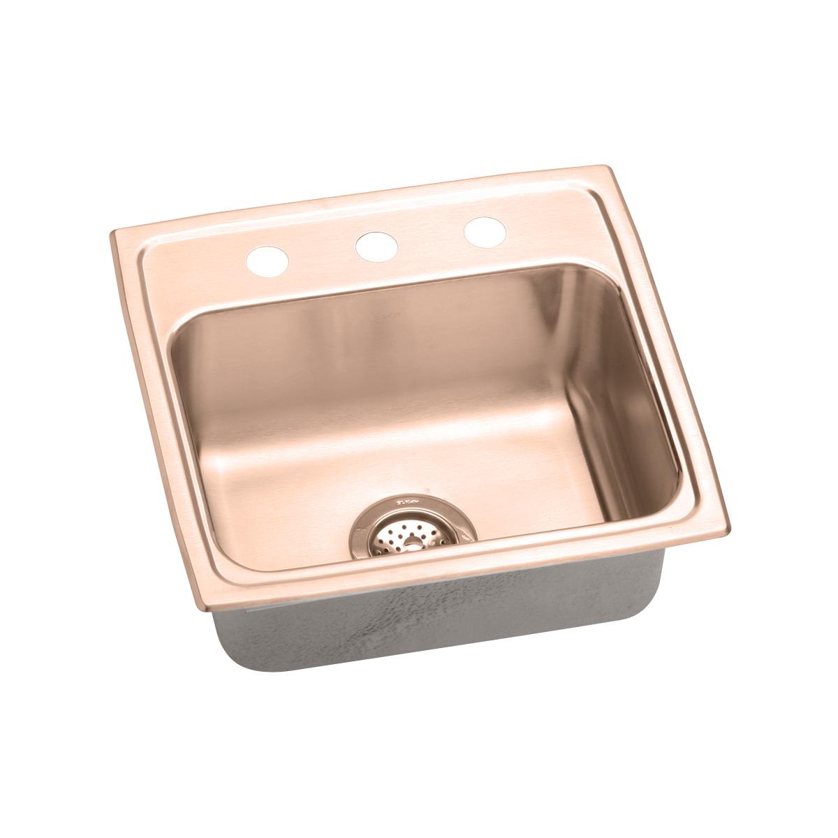 Copper drop-in sink with single bowl, drain strainer, and three holes in rim for faucet mounting.
