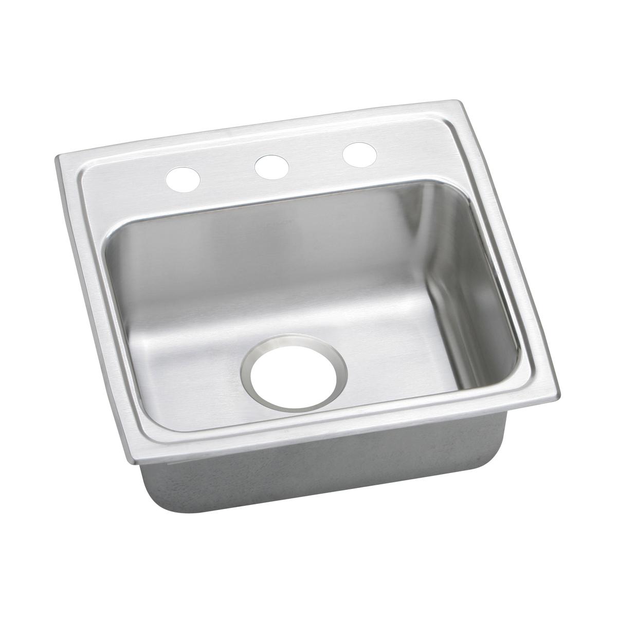 Stainless steel drop-in sink with single bowl, three faucet holes, and drain opening in basin.