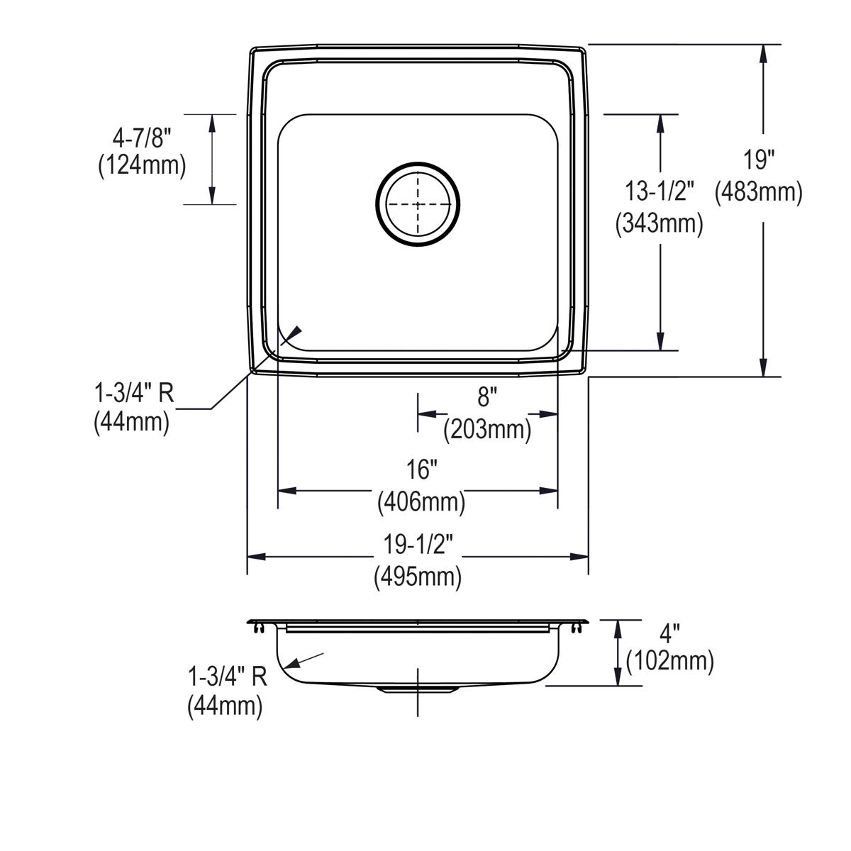 Stainless steel drop-in sink with single bowl, one faucet hole, and rounded corners, shown in top and side views with dimensi