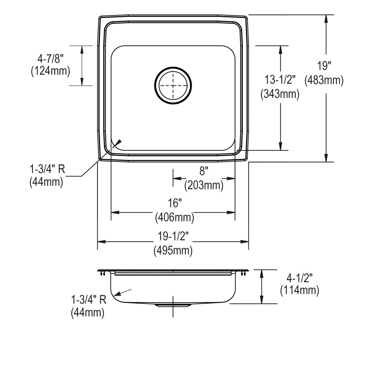 Technical drawing showing top and side views of a stainless steel drop-in sink with single bowl and one faucet hole.