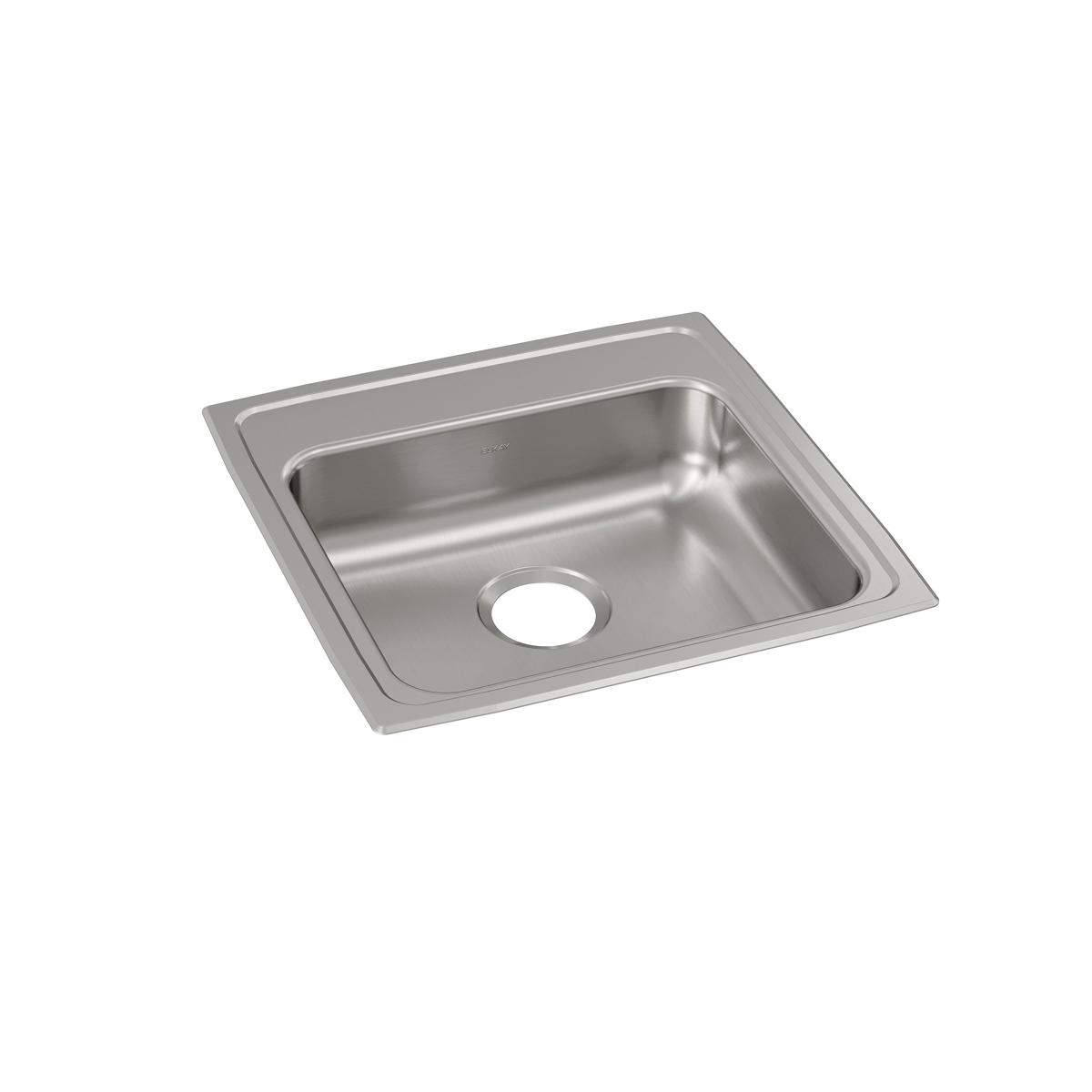 Stainless steel square drop-in sink with single bowl and one pre-drilled hole for faucet mounting.