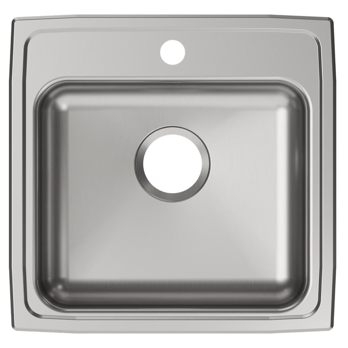 Stainless steel drop-in sink with single bowl, one faucet hole, and brushed finish shown from above.