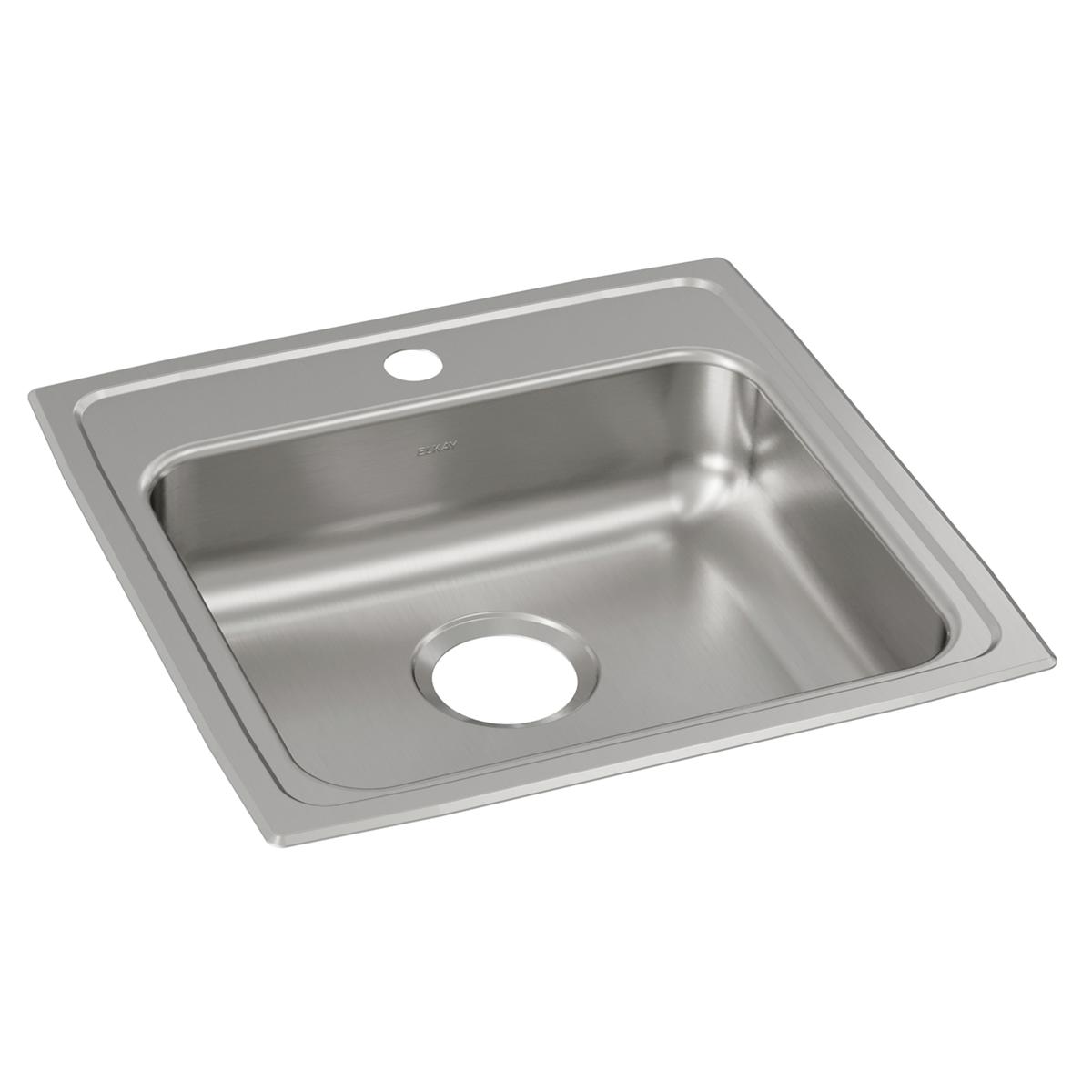 Stainless steel drop-in sink with single bowl and one faucet hole on rim.