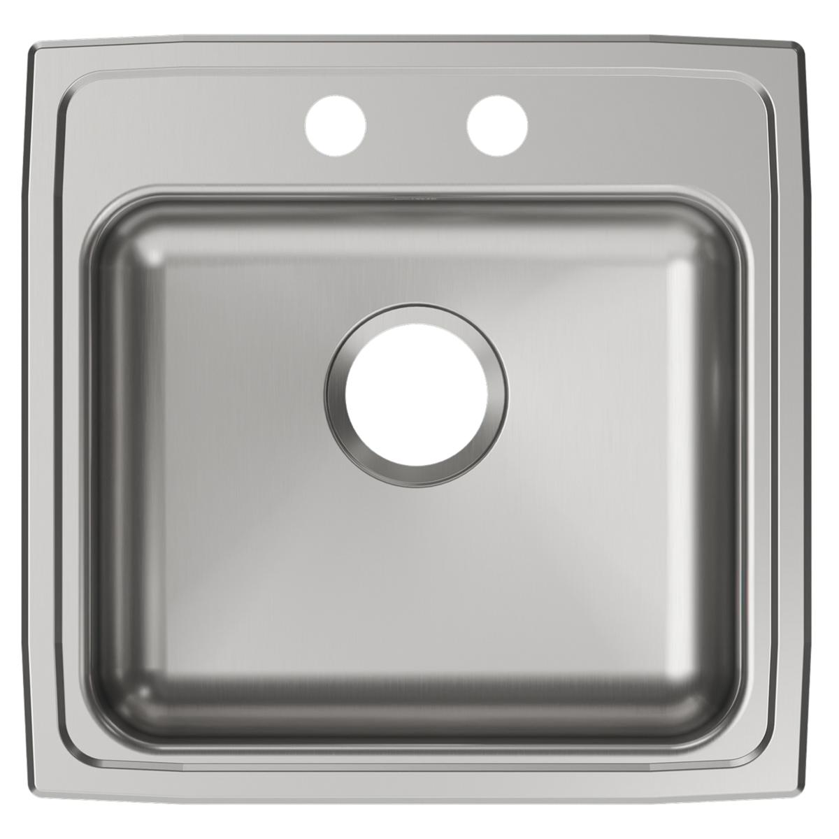 Stainless steel drop-in sink with single bowl and two faucet holes in the rim, viewed from above.