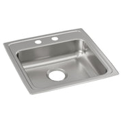Stainless steel drop-in sink with single bowl and two pre-drilled faucet holes on the rim.