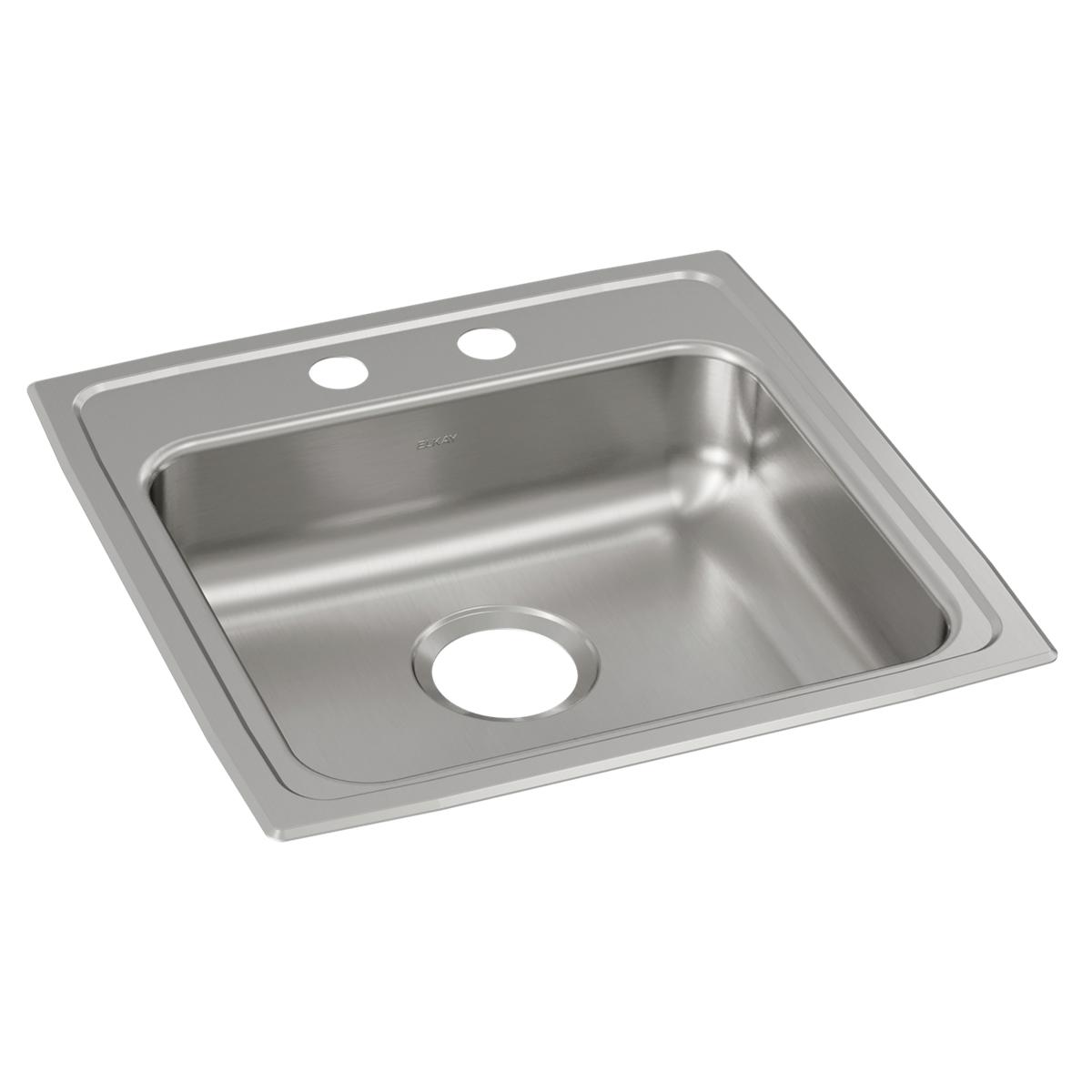 Stainless steel drop-in sink with single bowl and two pre-drilled faucet holes on the rim.