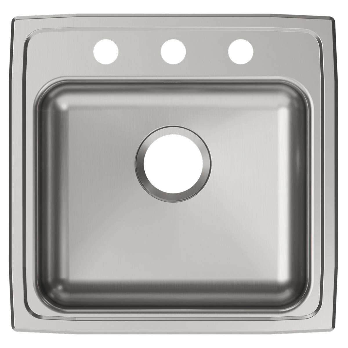 Stainless steel drop-in sink with single bowl basin and three pre-drilled holes across the top rim.