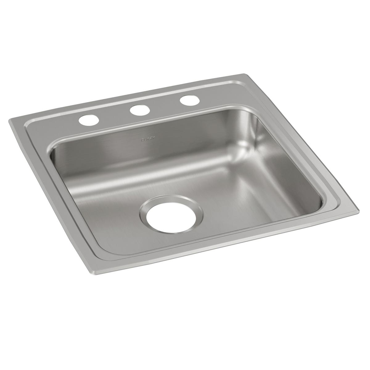 Stainless steel drop-in sink with single basin and three pre-drilled holes across the rim for faucet installation.