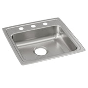 Stainless steel drop-in sink with single basin and three pre-drilled holes across the rim for faucet installation.