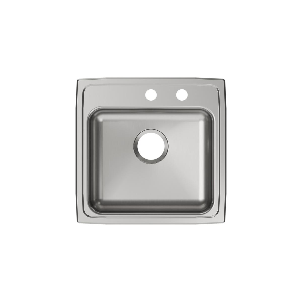 Stainless steel single bowl drop-in sink with two holes on the deck and one drain hole in the basin.
