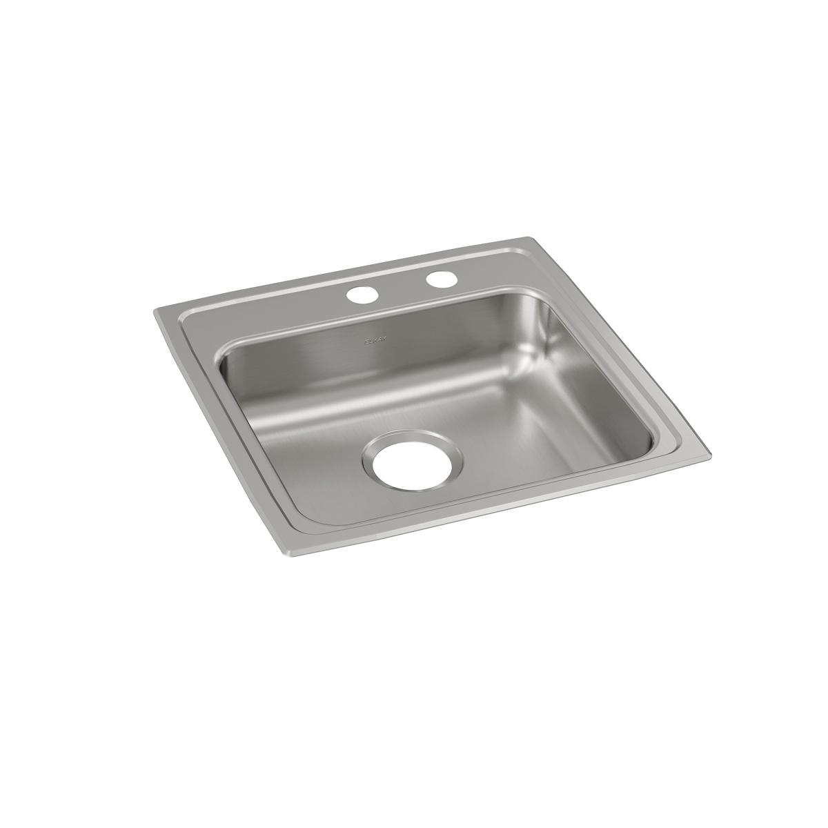 Stainless steel drop-in sink with single bowl, two faucet holes on rim, and drain hole in basin.