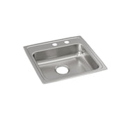 Stainless steel drop-in sink with single bowl, two faucet holes on rim, and drain hole in basin.