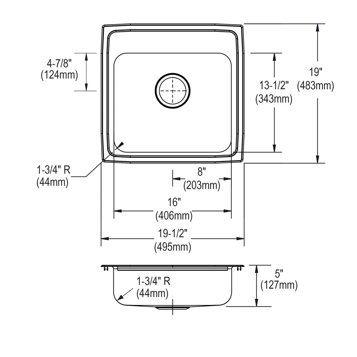 Stainless steel single bowl drop-in sink with one faucet hole and rounded corners, shown in top and side view technical drawi
