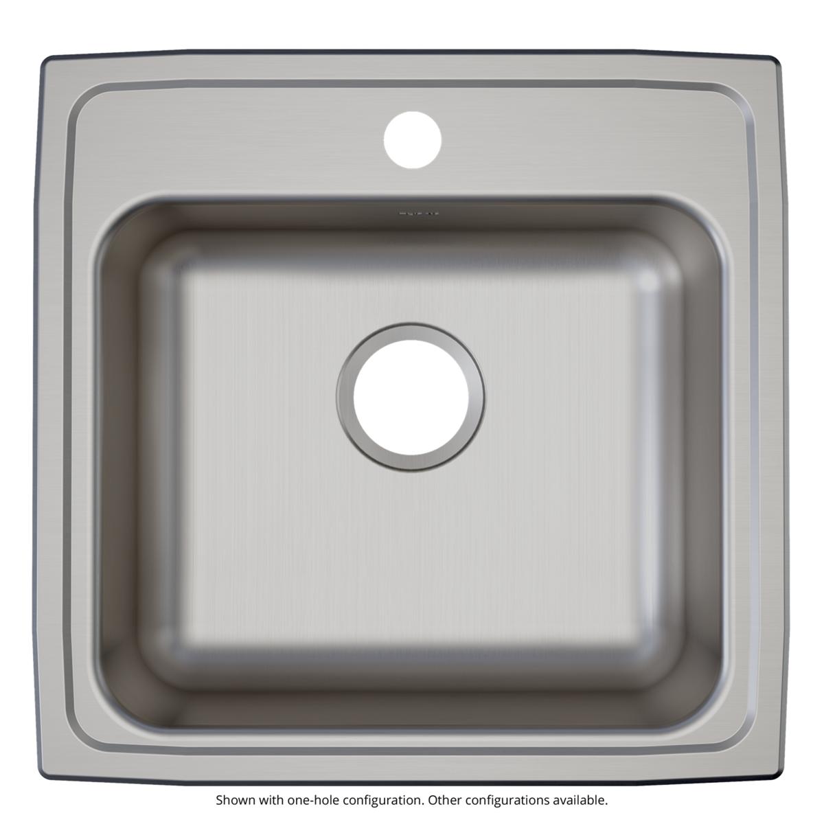Stainless steel drop-in sink with single bowl and one faucet hole, brushed finish, rectangular basin with rounded edges.