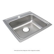 Stainless steel drop-in sink with single bowl, drain hole, and pre-drilled holes for faucet mounting.