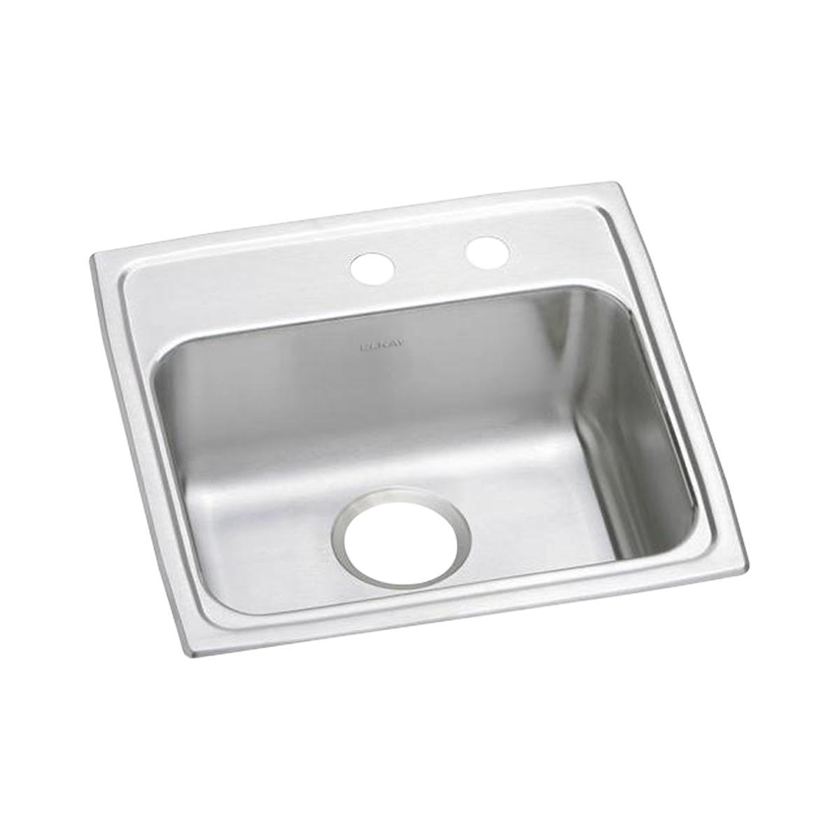 Stainless steel single bowl drop-in sink with two faucet holes and one drain hole on brushed surface rim.