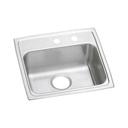 Stainless steel single bowl drop-in sink with two faucet holes and one drain hole on brushed surface rim.