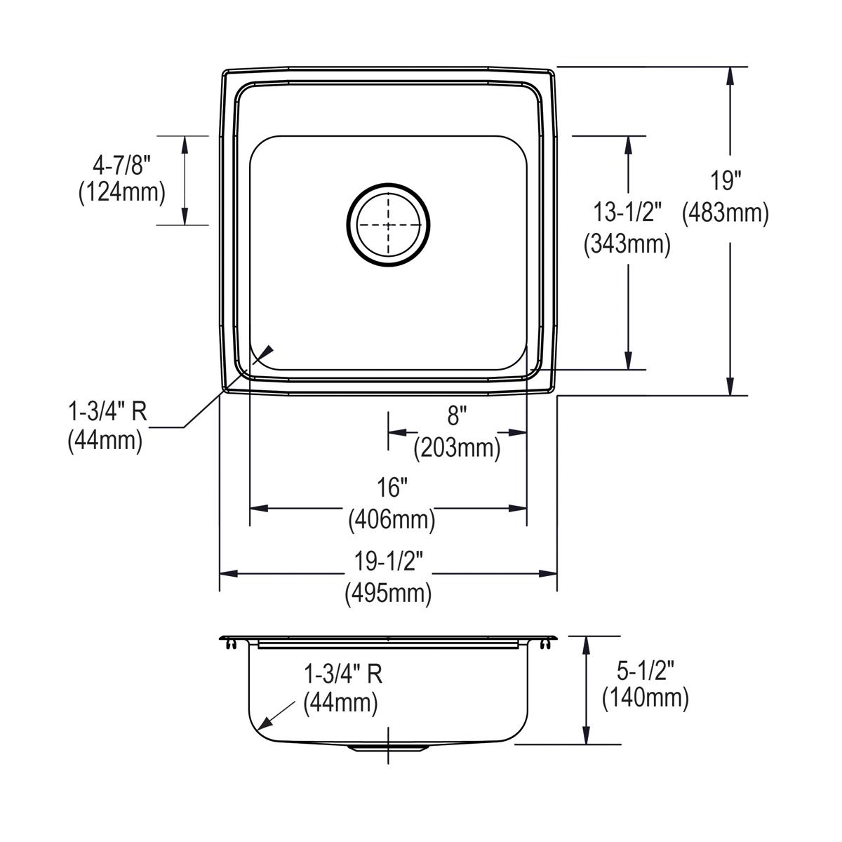 Stainless steel drop-in sink with single bowl, two pre-drilled holes, and rounded corners shown in top and side technical vie