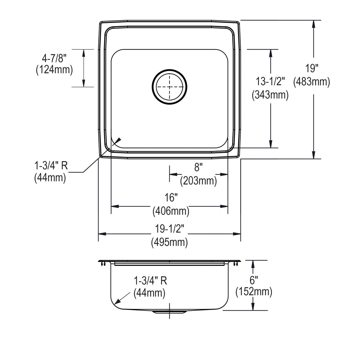 Technical drawing of stainless steel drop-in sink showing top and side views with dimensions and single faucet hole.