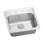 Stainless steel drop-in sink with single basin, drain strainer, and three pre-drilled holes on the rim.