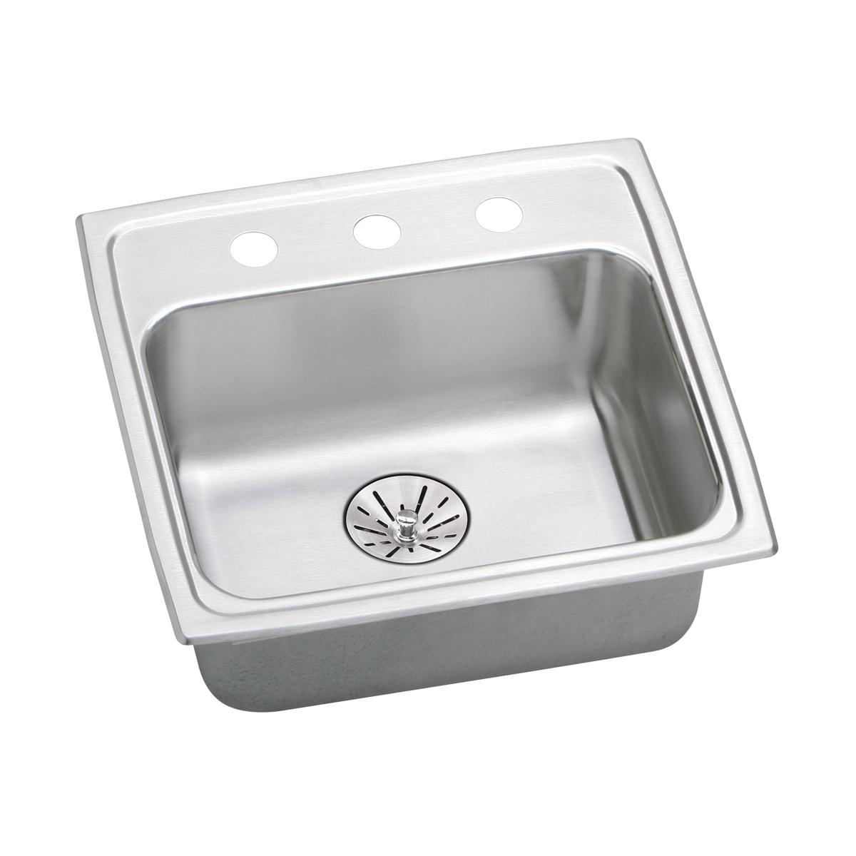 Stainless steel drop-in sink with single bowl, drain strainer, and three mounting holes on rim.