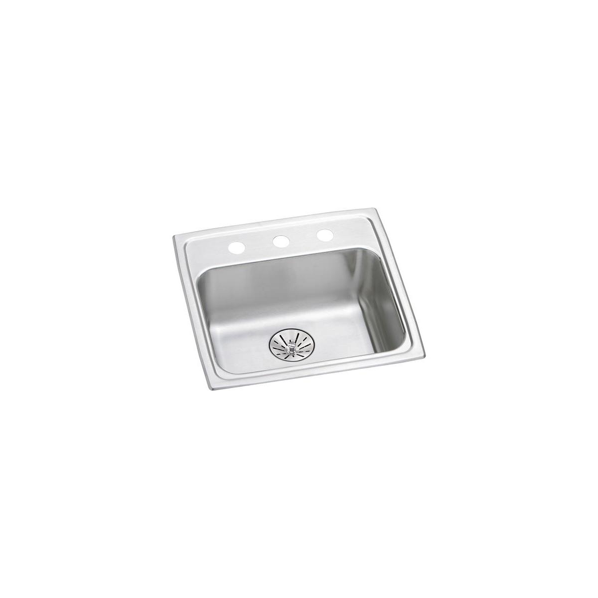Stainless steel drop-in sink with single bowl, drain basket, and three faucet mounting holes along the rim.